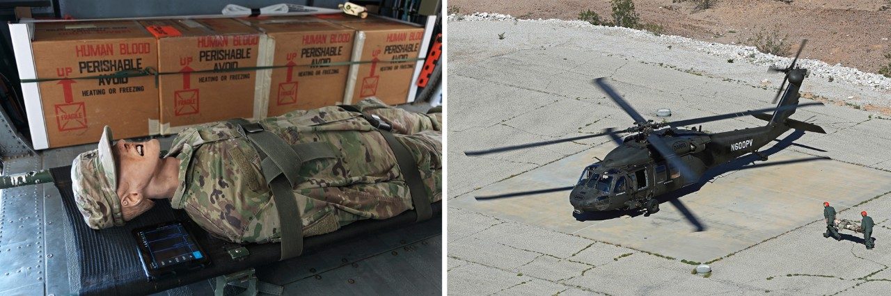 A casualty was loaded aboard the uncrewed Black Hawk aircraft. The BATDOK tablet (next to the manikin’s head) monitored and relayed in real time the manikin patient’s health status to a ground station via the aircraft’s comms system.