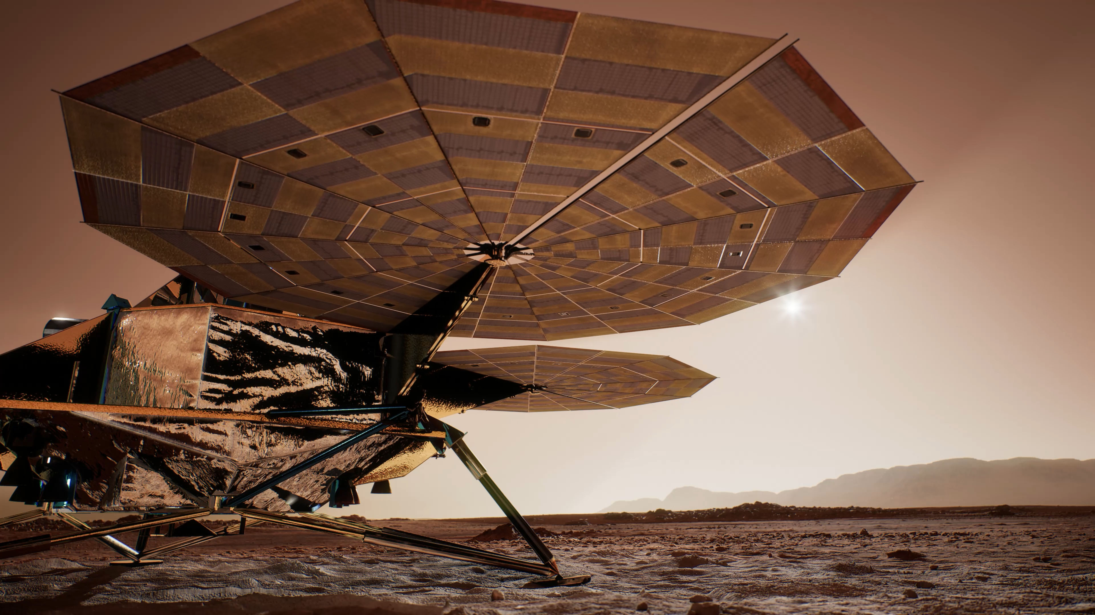 Artist interpretation of Lockheed Martin's Mars Sample Return lander resting on the surface of mars with its solar arrays deployed.